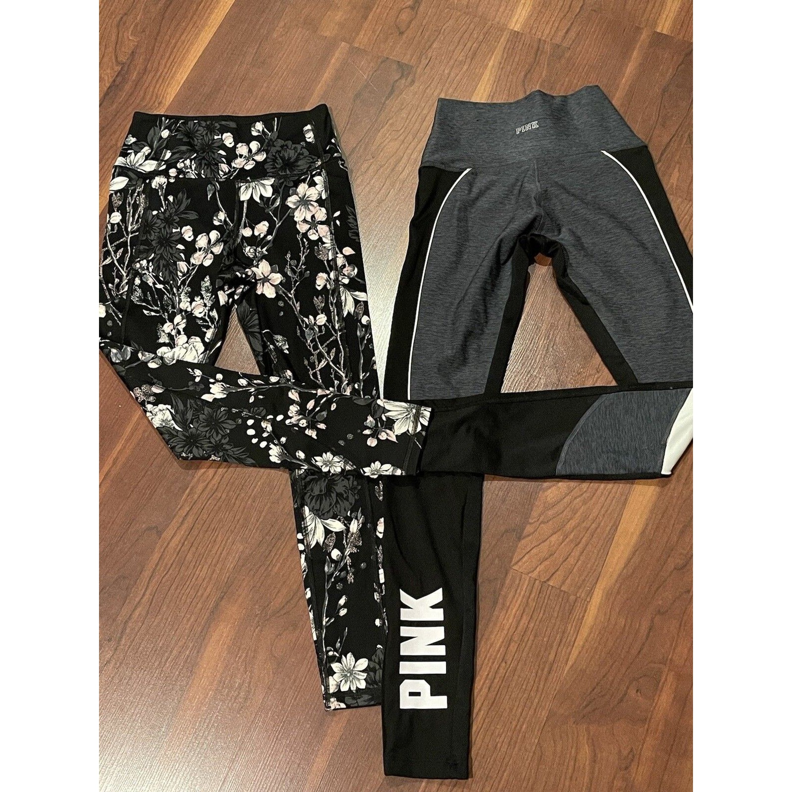 2 Women Pink Victoria's Secret Pants Floral & Solid Black Joggers Leggings Yoga